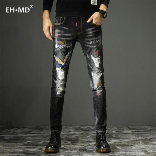 EH·MD® Eagle Embroidered Jeans Men Art Word Decoration Youth Soft Casual Cotton Elastic Slim Pants Badge Red Ear Hole Motorcycle
