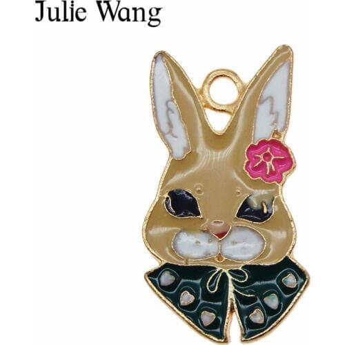 Julie Wang 4PCS Alloy Golden Base Enamel Rabbit Bunny Animal Charms For Necklace Pendant Earrings Jewelry Making Accessory