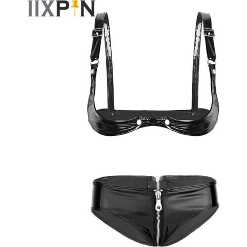 Women Wet Look Patent Leather Erotic Lingerie Set Sexy Open Cup Bra Top With Zipper Crotch Low Rise Briefs Underwear Set Sexy
