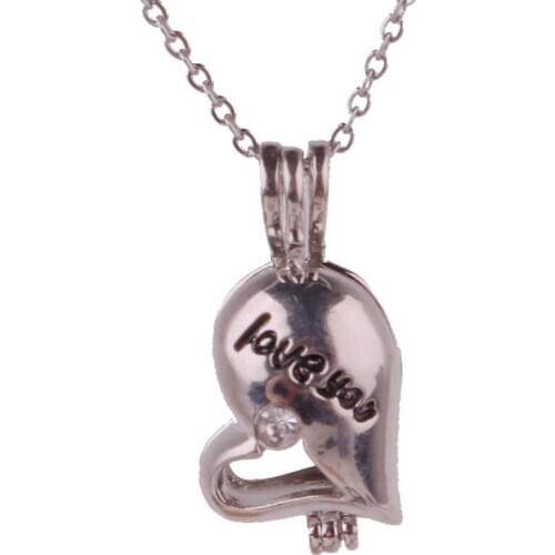 K1673 Dull Silver copper love you heart Bead Pearl Cage Aroma Essential Oil Diffuser Locket Necklace with stainless steel chain