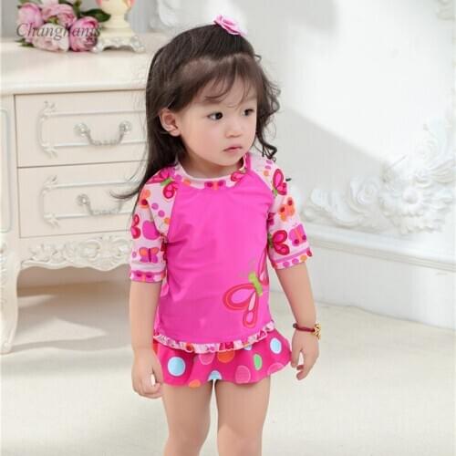 Girls Two Pieces Swimsuit with Swim Cap 1-8 Y Kids Rash Guards Butterflies Pattern Children Surfing Suit Baby Swimwear