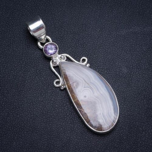 Natural Crazy Lace Agate and Amethyst Handmade Unique 925 Sterling Silver Pendant 2" X0019