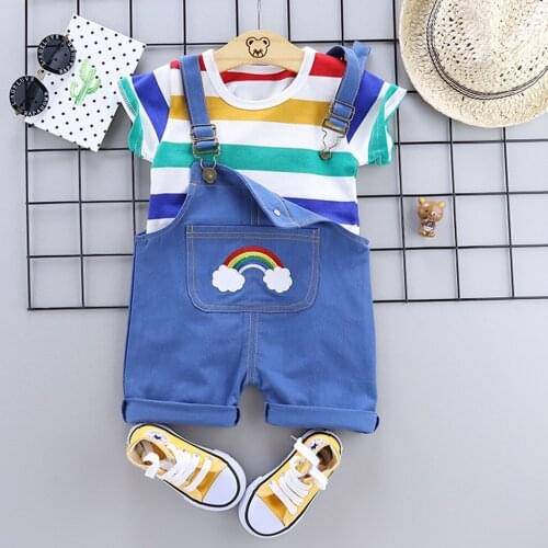 Baby Boy Clothes Toddler Newborn Boy Kawaii Set Stripe T-Shirt Overall Rainbow Denim Shorts Cute Summer Baby Clothing Sets