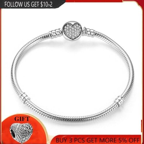 Genuine 100% 925 Sterling Silver Heart-Shaped Zircon Bracelet Suitable For Original Charms & Beads Jewelry Making Women Gifts