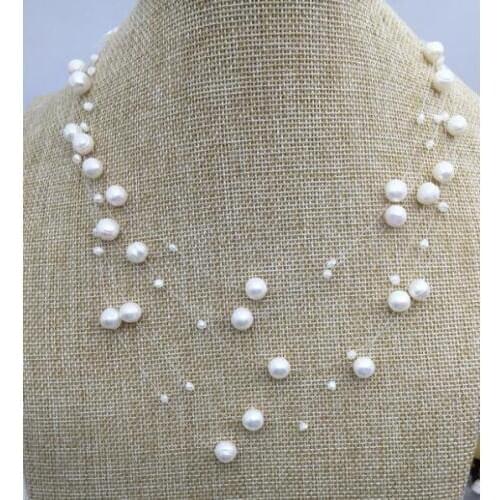 Natural Pearl Jewelry White Illusion Multiple Strand Genuine Freshwater Pearl Necklace Mothers Day Gift Fashion Jewelry ,Love