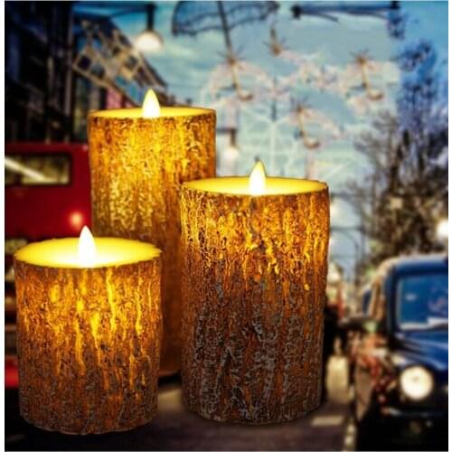 3pcs Battery operated Dancing Moving wick LED Pine tree Candle Paraffin Wax Pillar Swinging Flame Wedding f/Home Party Club Deco