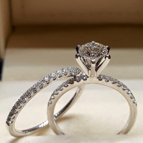 2 Pcs/Set Simple Classic Round Zircon Wedding Rings For Women Trendy Silver Color Female Bride Jewelry Engagement Party Gifts