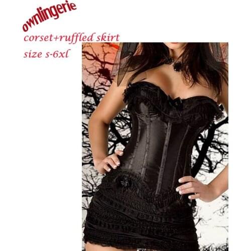 Sexy s-xxxxxxl Women Corset Lingerie Bustier Corset Satin Gothic Corset with Ruffled Skirt Clasp side,Lace Up back Free Shipping