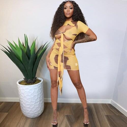 Sheer Mesh Tied Front Hollow Out Bodycon Mini Dress Women Short Sleeve Body-shaping Vestidos Summer Birthday Party Club Outfit