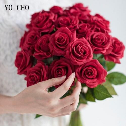 YO CHO 10 Heads Red Rose Artificial Flowers Silk Artificial Roses Real Touch Wedding Home Garden Decoration Fake Flower Bouquet