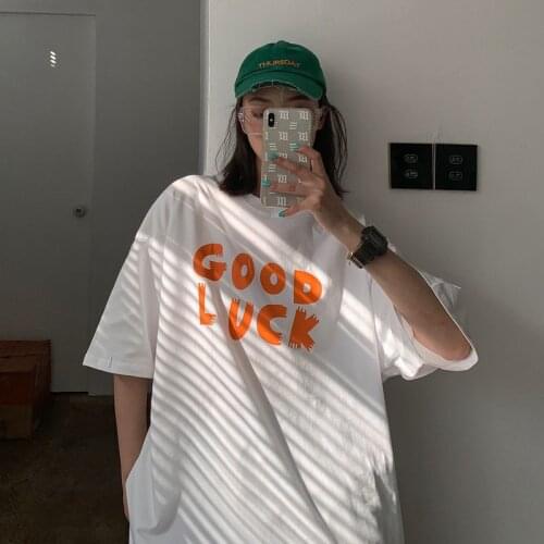 GOOD LUCK Print Tshirt Women Spring Summer New Short Sleeve Round Neck T-shirt Women Cotton Spandex Tee shirt Femme