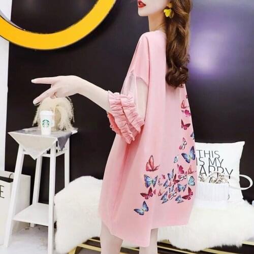 Plus Size Sweet Ladies Butterfly Print Chiffon T-Shirt Summer Women Polka Dot Mesh Tees Skirt Black White Long Tshirt Loose Tops