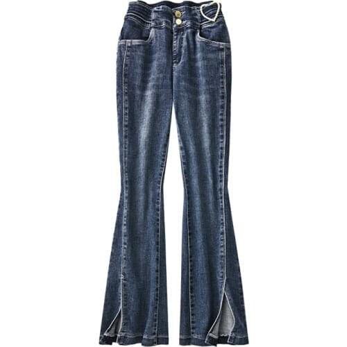 SHUCHAN Fasion Flare Pants 86.4% COTTON Jeans Woman High Waist Ankle-Length Split Cotton Elastic Denim Vintage Skinny