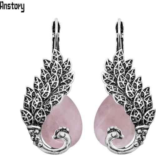Vintage Peacock Natural Rose Quartz Lapis Earrings For Women Antique Silver Plated Natural Stone Animal Fashion Earring
