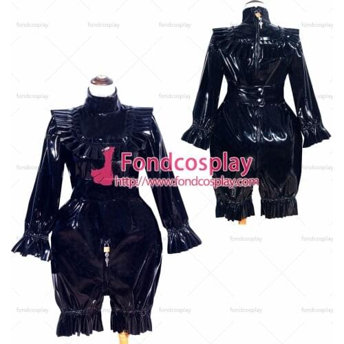 Fondcosplay adult sexy cross dressing sissy maid short French Lockable Black thin PVC Romper Jumpsuit Uniform Tailor-made[G4010]