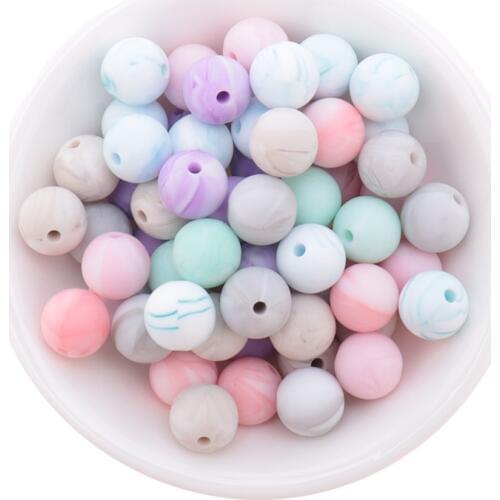 15MM 200PCS Silicone Round Baby Teether Beads New Marble&Metallic Color BPA Free Teething Necklace Pacifier Chain Shower Gift