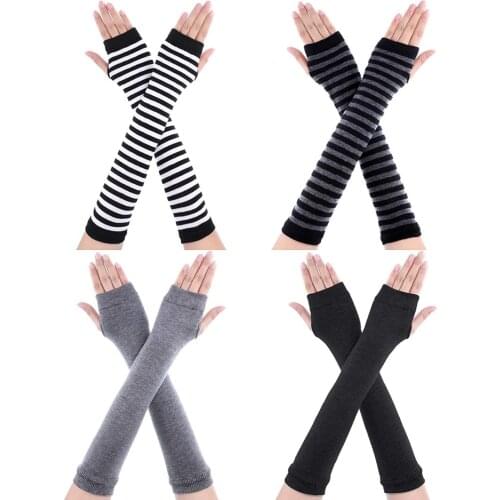 2021 Autumn Winter Women Anime Black White Striped Elbow Gloves Warmer Knitted Long Fingerless Arm Gloves Mittens Christmas Gift
