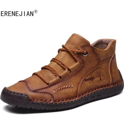 ERENEJIAN Mens Leather Snow Boots Fashion Motorcycle Biker Ankle Boots Non Slip Sneakers Casual For Male Outdoor Hiking Shoes