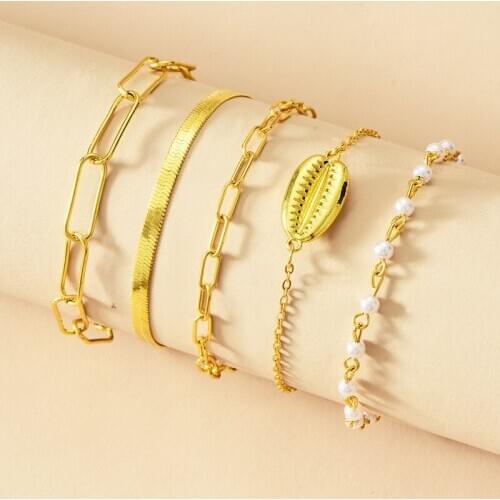 Artificial Pearl Chain Snake Chains Fashion Bracelets For Women Boho New Vintage Gold Shell Multiple Layers Bracelet Set Jewelry
