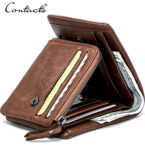 CONTACTS Genuine Leather Men Wallets Vintage Trifold Wallet Coin Purse Male Wallet Small Card Holders Short Walet Portomonee