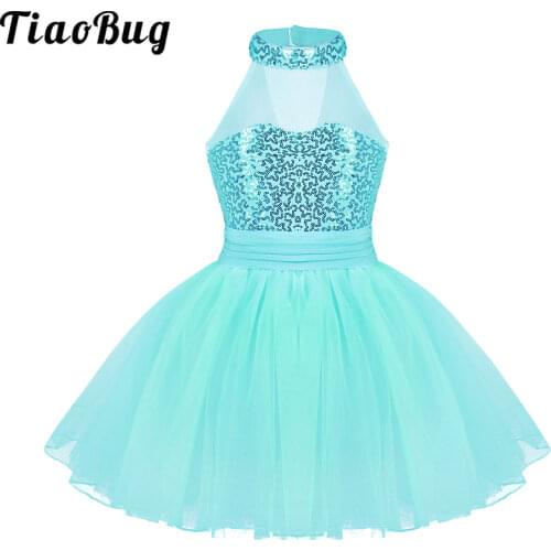 TiaoBug Girls Sleeveless Sequins Ballet Tutu Dance Dress Kids Mesh Splice Ballet Leotard Children Stage Lyrical Dance Costumes