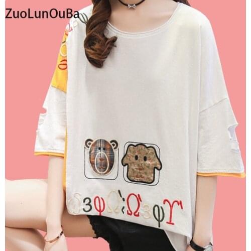 ZuoLunOuBa Summer Woman T Shirt Embroidered Cartoons Bear Letter Stitching Hole Loose Female Tees Casual Short Sleeve Tops Lady