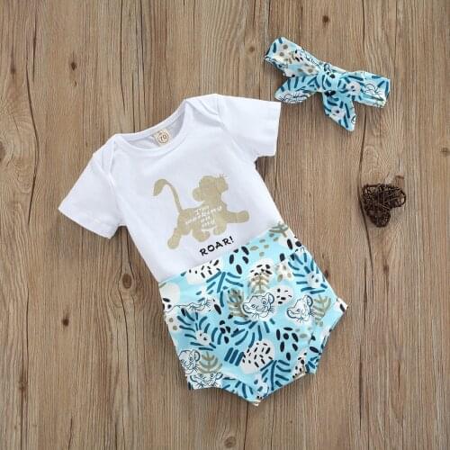 Girls Summer Clothes Set Animal Printed Short Sleeve Romper Top Short Pants Headband 3pcs Baby Clothes Girl Outfits Set