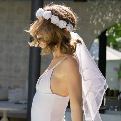 Short Bridal Wedding Veils For Women White Artificial Flower Wreath Headband Crown Adjustable Lace Up Ribbon Party Accessory