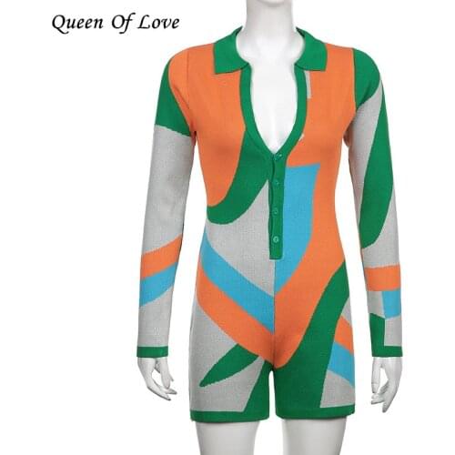 Colourful Knitted Romper Jumpsuit Women Bodysuit Shorts Workout Playsuits Long Sleeve Fitness Overalls Clothes 2021 Autumn