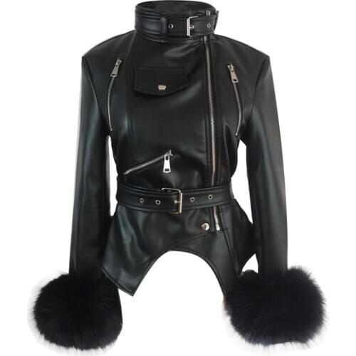 Plus Velvet Winter Coat Women Jacket High-end Imitate Fox Fur Cuffs High Collar High Quality Pu Leather Coat Motorcycle Jacket