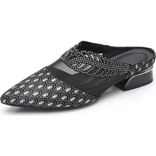 2020 New Summer Cowhide Rhinestone Mesh Pointed Sandals Comfort Casual Sandals Slippers Women Fashion Sandals Low-heel Sandals