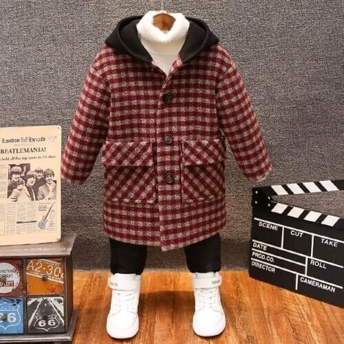 Autumn Winter New Style Mid Big Children Boys Hooded Woolen Clothes Kids Plaid Jackets Outerwear Fashion Single Breasted Coats