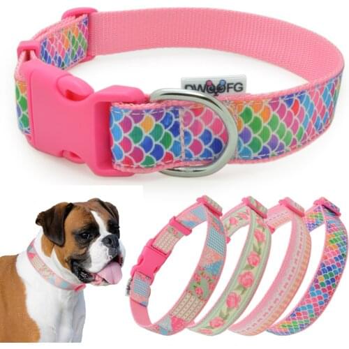 Dog Collar Flower spring Pink mermaid Personalized Pet Collar Adjustable Collar for Medium Large Dogs Pitbull Nylon Collar Large
