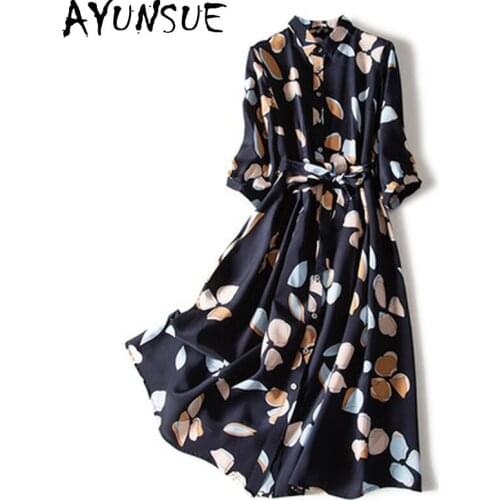AYUNSUE Real Silk Dress Women Summer Spring High Quality Shirt Dress Elegant Midi Party Korean Dresses for Women Clothes 2021