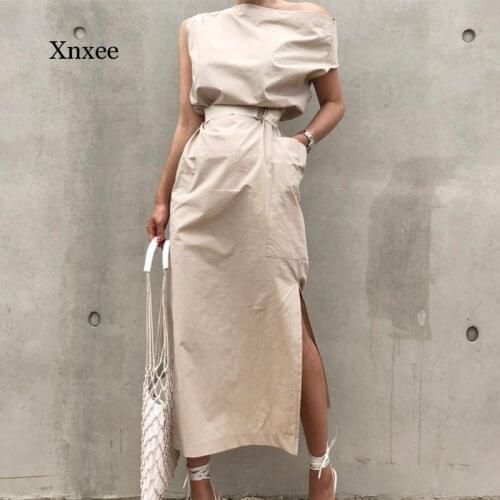 Asymmetry Bowknot Belt Dresses Japanese Girls Sleeveless Side Slit Slim Womens Elegant Fashion Solid Office Srping Summer Dress