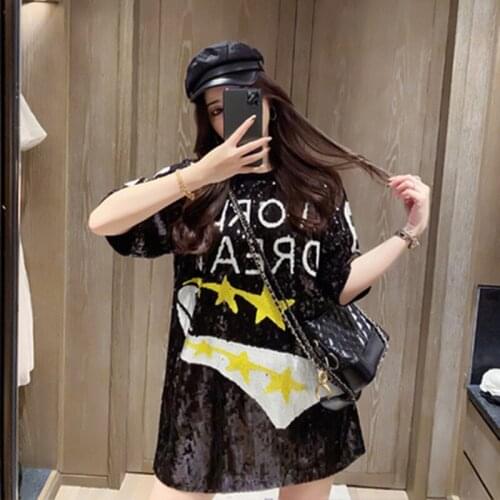 Casual Sequined Straight Loose Letter Star Pattern Short Sleeve O-neck Black Sliver One Size Summer Club T Shirt Dress 9950
