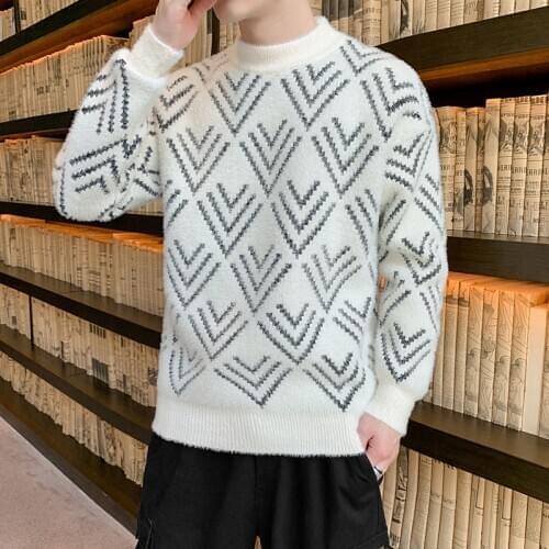 Geometry Sweater Men Clothing New Winter Mens Sweater Knitted Korean Style Long Sleeve Velvet Sweater Men