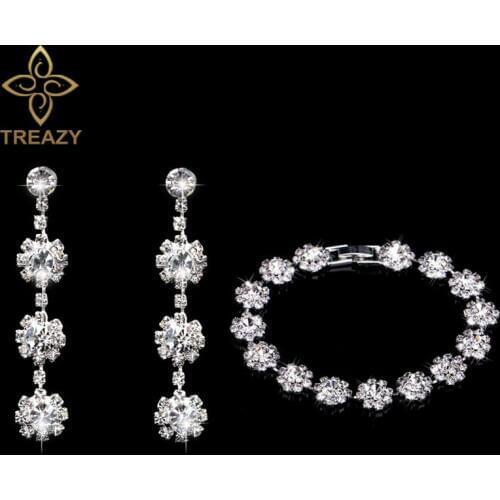 TREAZY Silver Color Rhinestone Crystal Bridal Jewelry Sets Beautiful Flower Bracelet Earrings Set Wedding Jewelry Set for Women