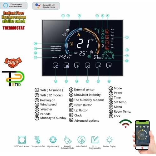 TUYA APP Digital Wireless WIFI Thermostat Room Temperature for Dual sensor Radiant Floor Heating Works with Alexa Google Home