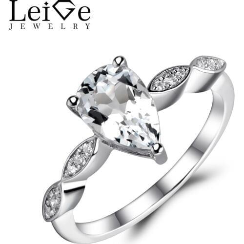 Leige Jewelry Natural White Topaz Ring Sterling Silver 925 Jewelry Teardrop Engagement Promise Rings for Women White Gemstone