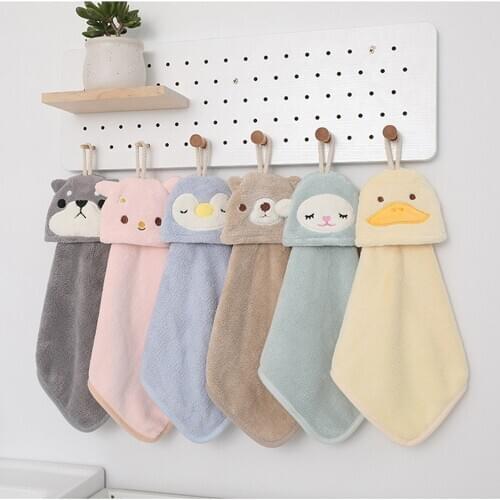 1PC Cute Animal Coral Velvet Hand Towel Super Soft Absorbent Microfiber Hand Towel Hanging Bathroom Kitchen Towel Cleaning Cloth