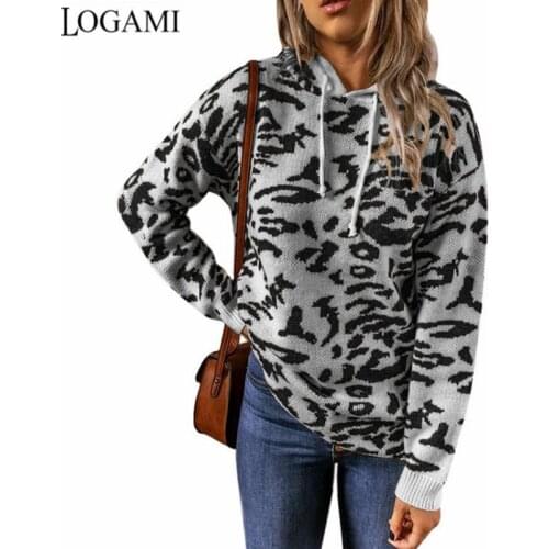 LOGAMI Leopard Knitted Drawstring Hooded Sweater Women Long Sleeve Thick Pullover Autumn Winter Vintage Sweaters