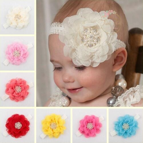 Yundfly Boutique Lace Chiffon Flower With Pearl Rhinestone Button Center Elastic Kids Girls Headband Party Birthday Headwear
