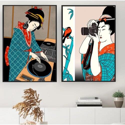 Funny Japanese Geisha DJ Photographer Oil Painting On Canvas Wall Art Posters And Prints Pictures For Living Room Home Decor