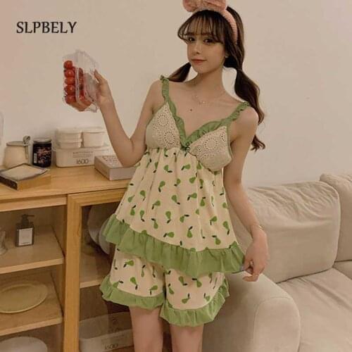 SLPBELY Sleeveless Pajama Sets For Women Sleepwear Summer Sweet V Neck Women Lingerie Pyjamas Homewear Pijamas With Chest Pad