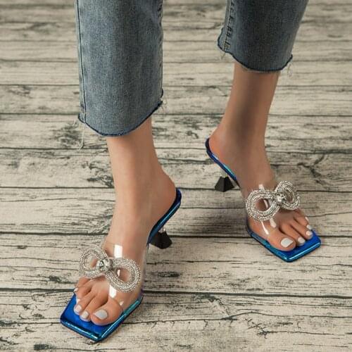 Women Shoes PVC Clear Women Slippers Crystal Bowknot 8cm Thin Heels Sandals Square Toe Mules Slides Casual Footwear Party Club