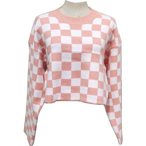 2021 Autumn New Style Knitted Long Sleeve Round Neck Contrast Color Chessboard Crop Top Cropped Pullover for Women
