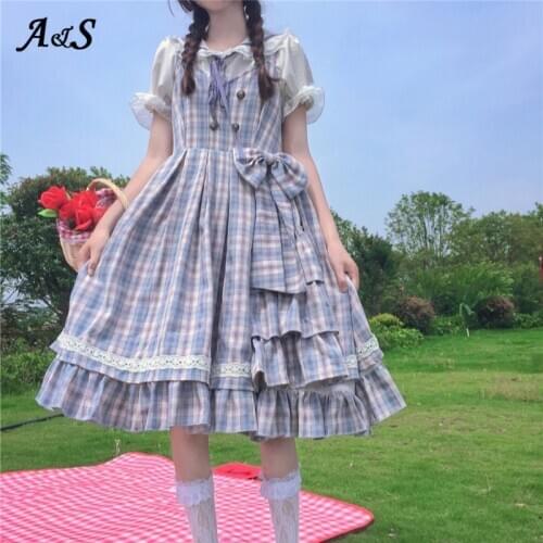 Anbenser Japanese Lolita Style Women Dress 2020 Summer Soft Girl Sweet Kawaii Cute Plaid Printed Dresses Female Lolita Jsk Dress