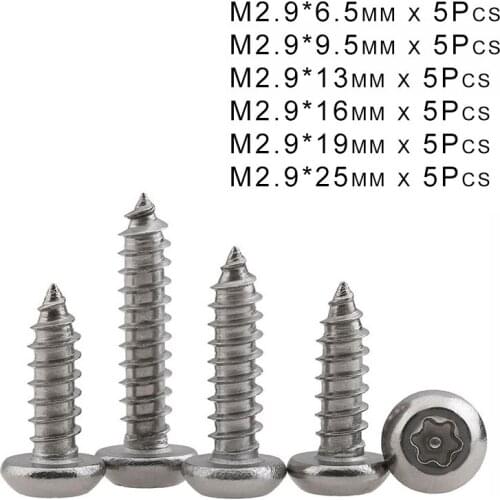 30Pcs M2.9 304 Stainless Steel 6-Lobe Round Pan Head Self Tapping Screw Torx Screw Anti-theft Wood screw Set/Kit Length 6.5-25mm