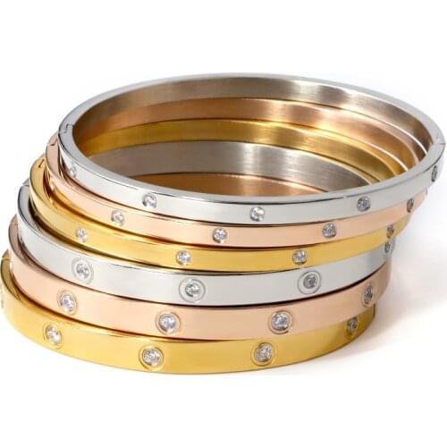 4mm/6mm/8mm Stainless Steel Couple CZ Crystals Bangles for Women Men Luxury Love Jewelry Rose gold Bangles Lover Custom Bangle